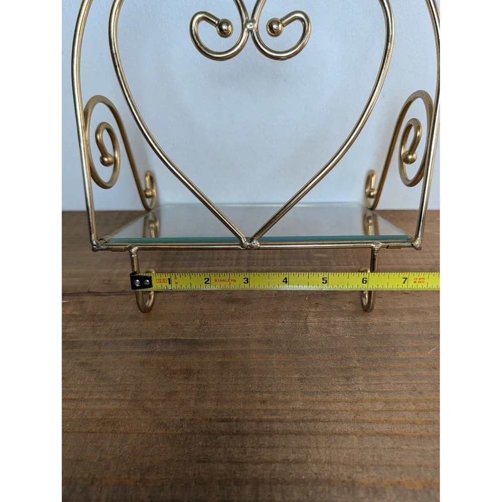 Home Interior Vtg Heart Gold Metal Glass Wall Shelf Ornate Scrollwork 2 Hooks